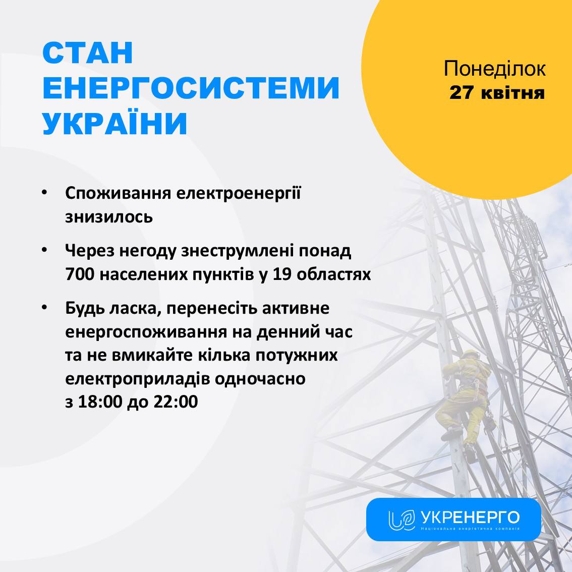 Стан енергосистеми: споживання знизилось