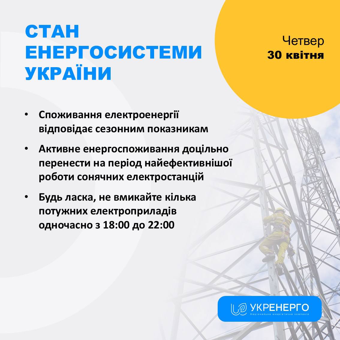 Стан енергосистеми та обмеження споживання 18:00–22:00