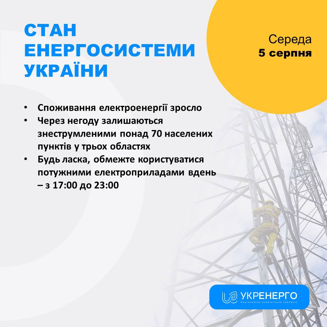Стан енергосистеми: зросло споживання, відключення
