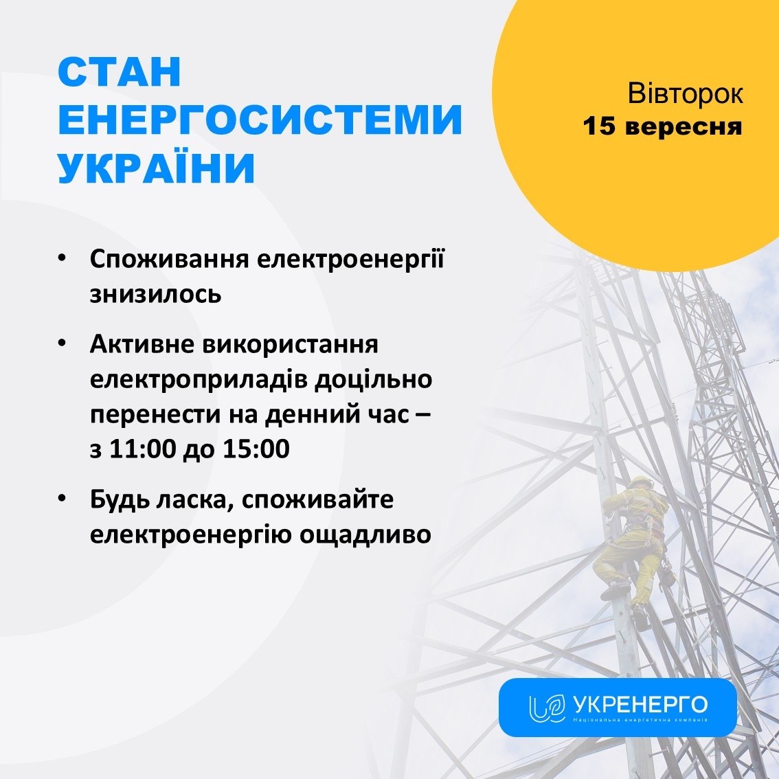 Стан енергосистеми: споживання знизилось 11:00–15:00